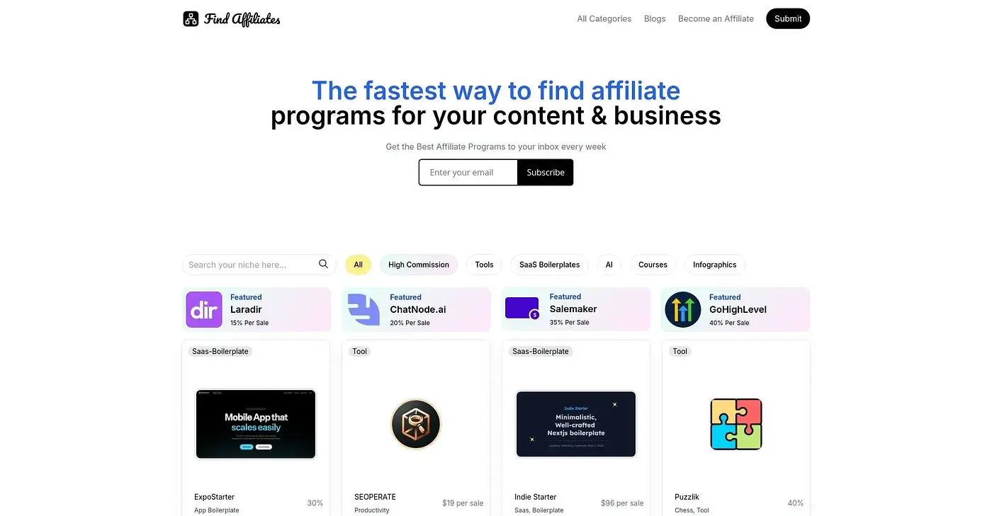 Screenshot of Find Affiliates