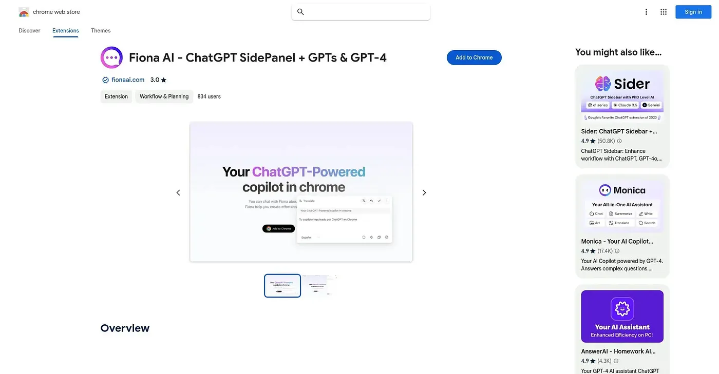 Screenshot of Fiona AI ChatGPT Sidepane Chrome Extension