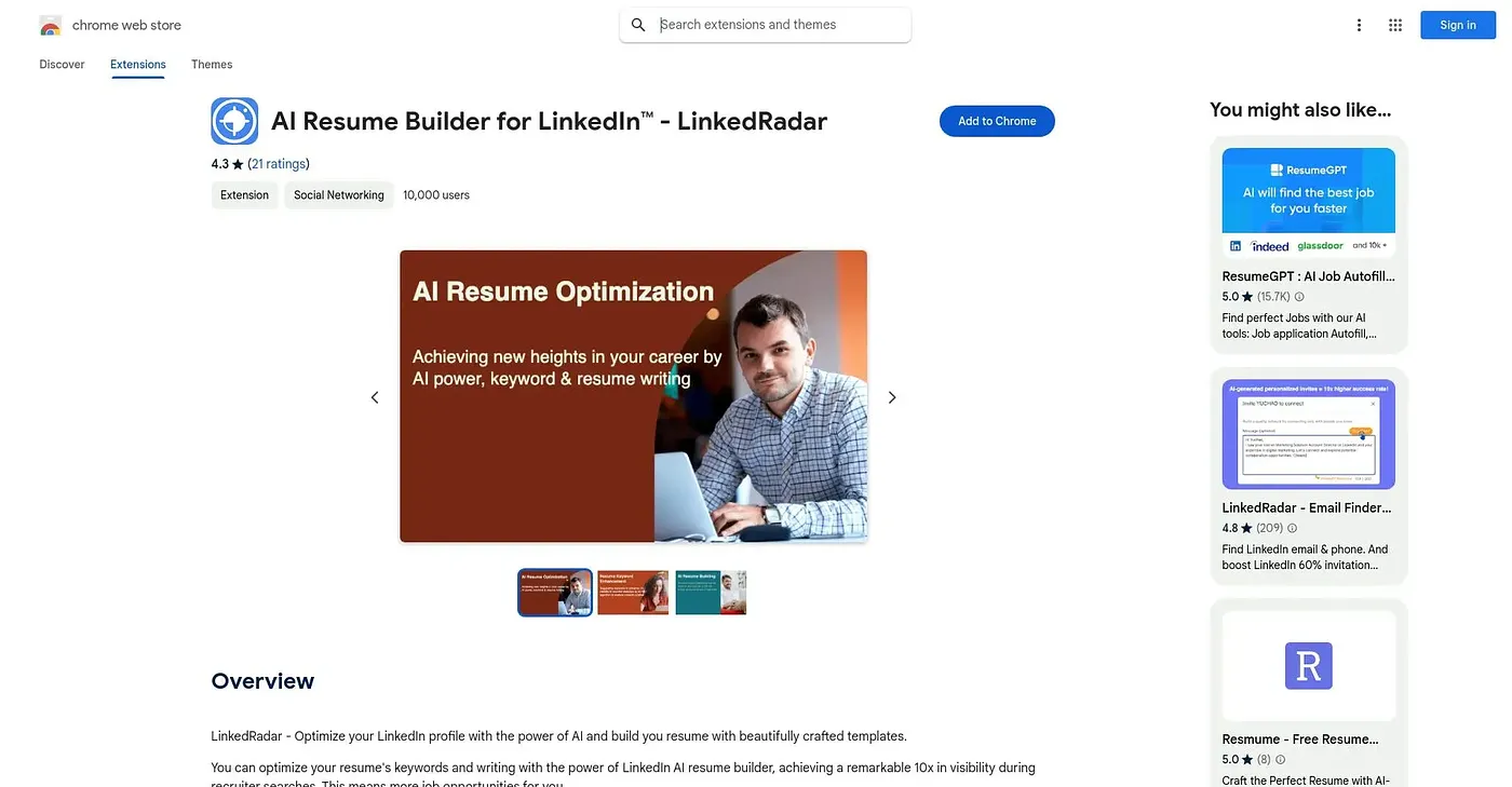 Screenshot of AI Resume Builder for LinkedIn Chrome Extension