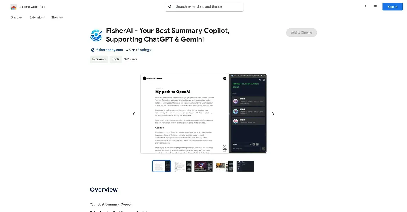 Screenshot of Fisher AI Your Best Summary Copilot Chrome Extension