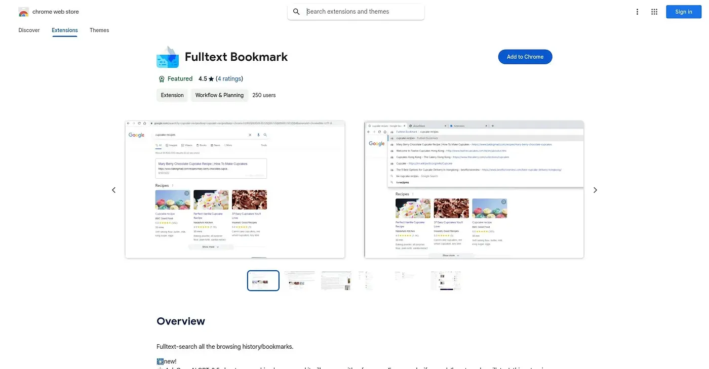 Screenshot of Fulltext Bookmark Chrome Extension