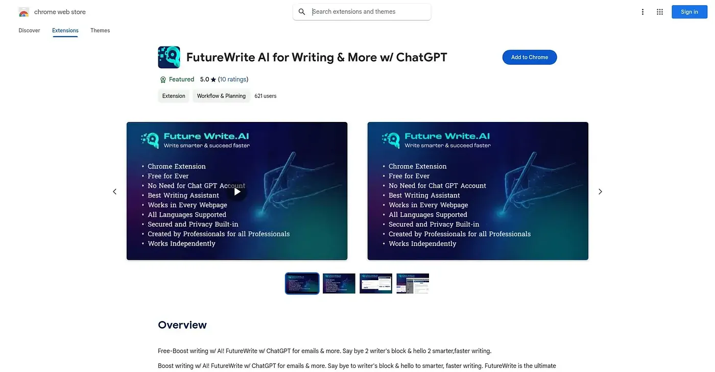 Screenshot of FutureWrite AI for Writing Chrome Extension
