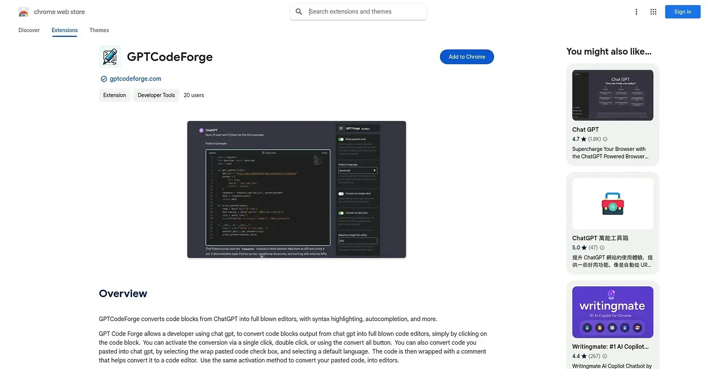 Screenshot of GPT Code Forge, Chrome Extension