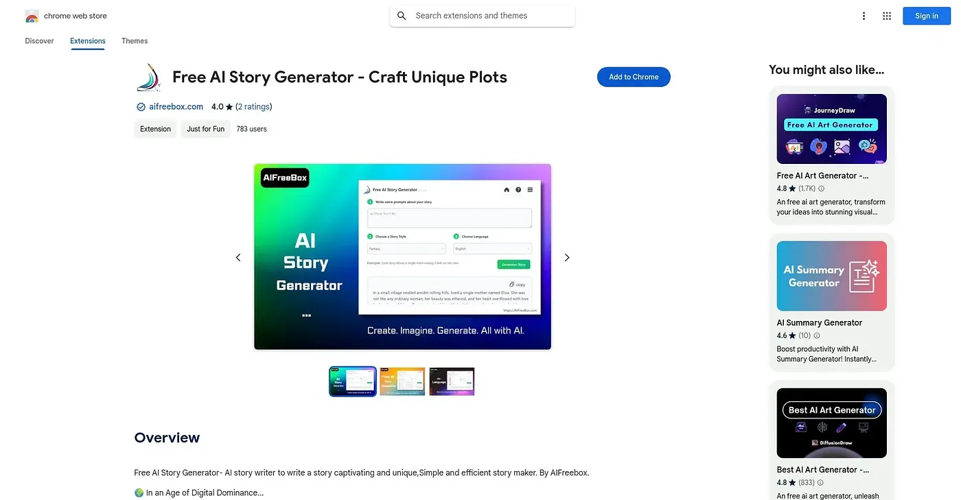 Screenshot of Free AI Story Generator Chrome Extension