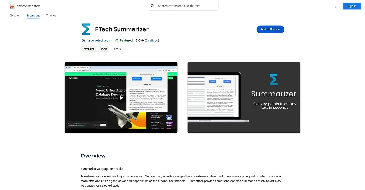 Screenshot of Ftech Summarizer Chrome Extension