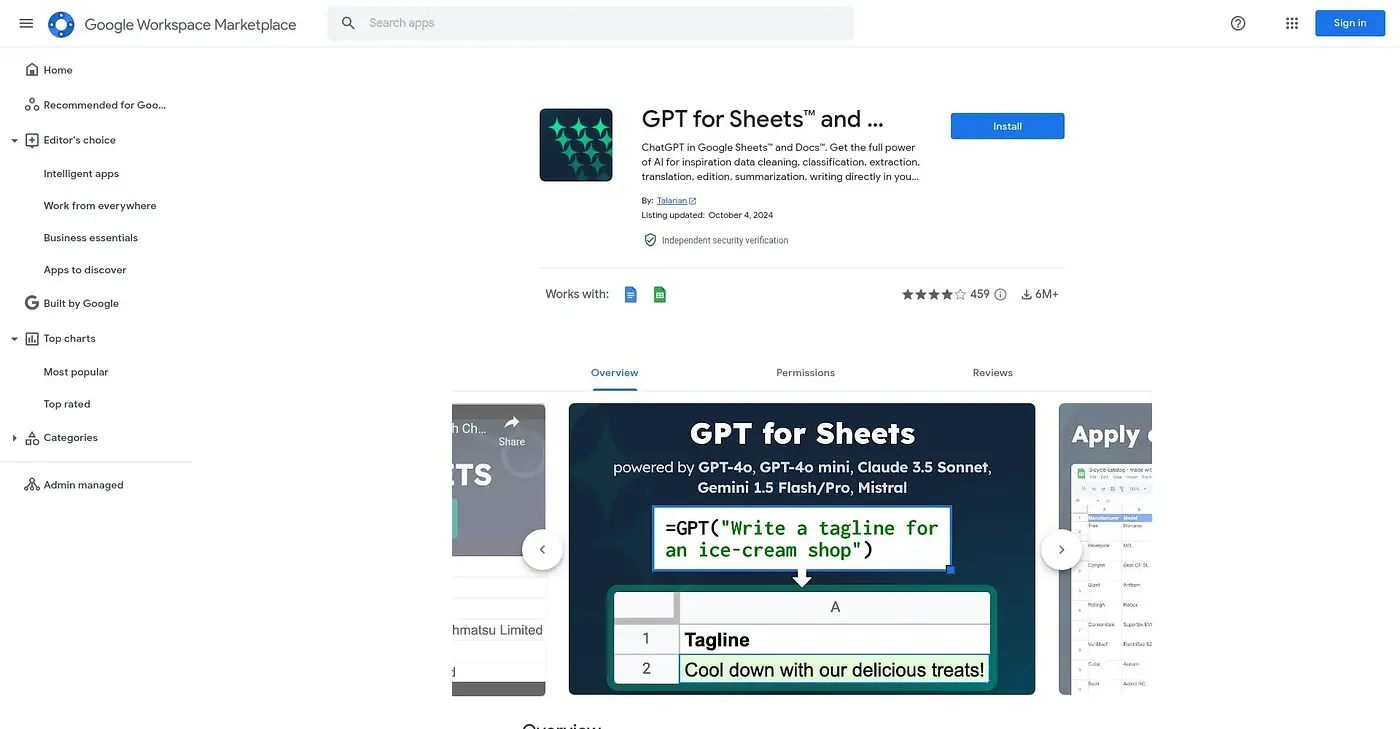 Screenshot of GPT for Sheets