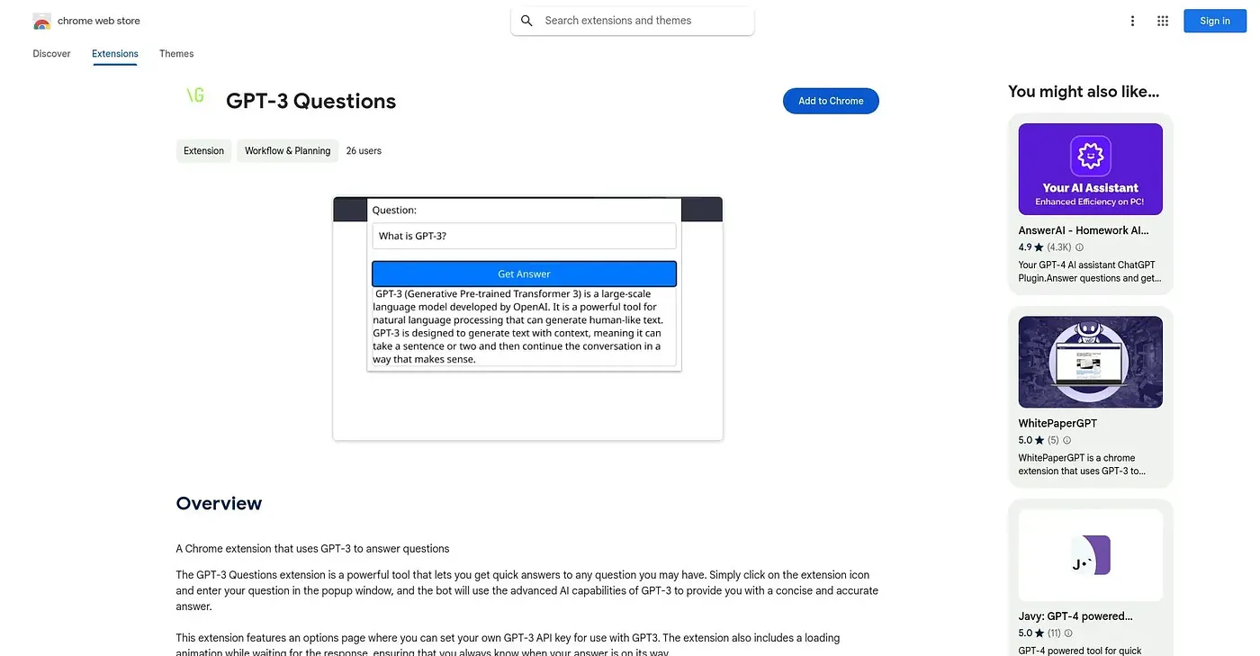 Screenshot of GPT-3 Questions Chrome Extension