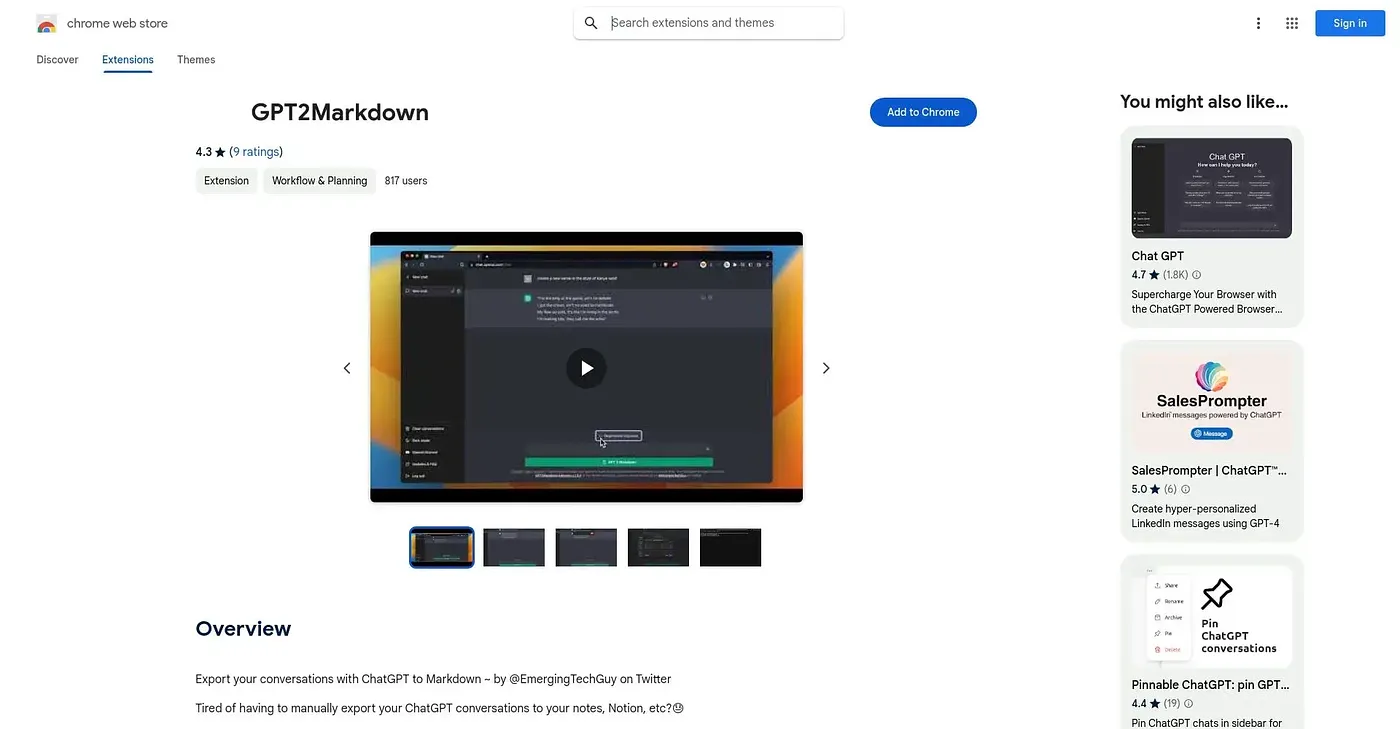 Screenshot of GPT2Markdown - Chrome Extension
