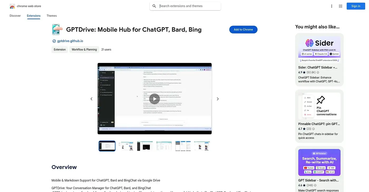 Screenshot of GPTDrive Mobile Hub for ChatGPT, Bard and BingChat - Chrome Extension