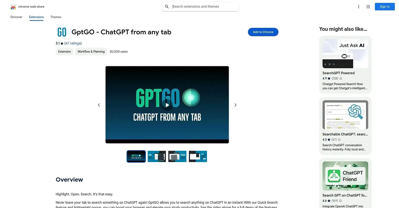 Screenshot of GPTGO ChatGPT From Any Tab Chrome Extension
