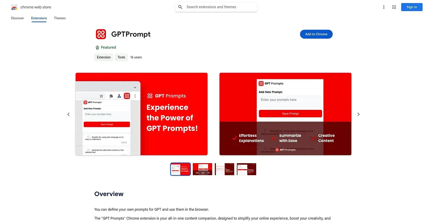 Screenshot of GPTPrompt Chrome Extension