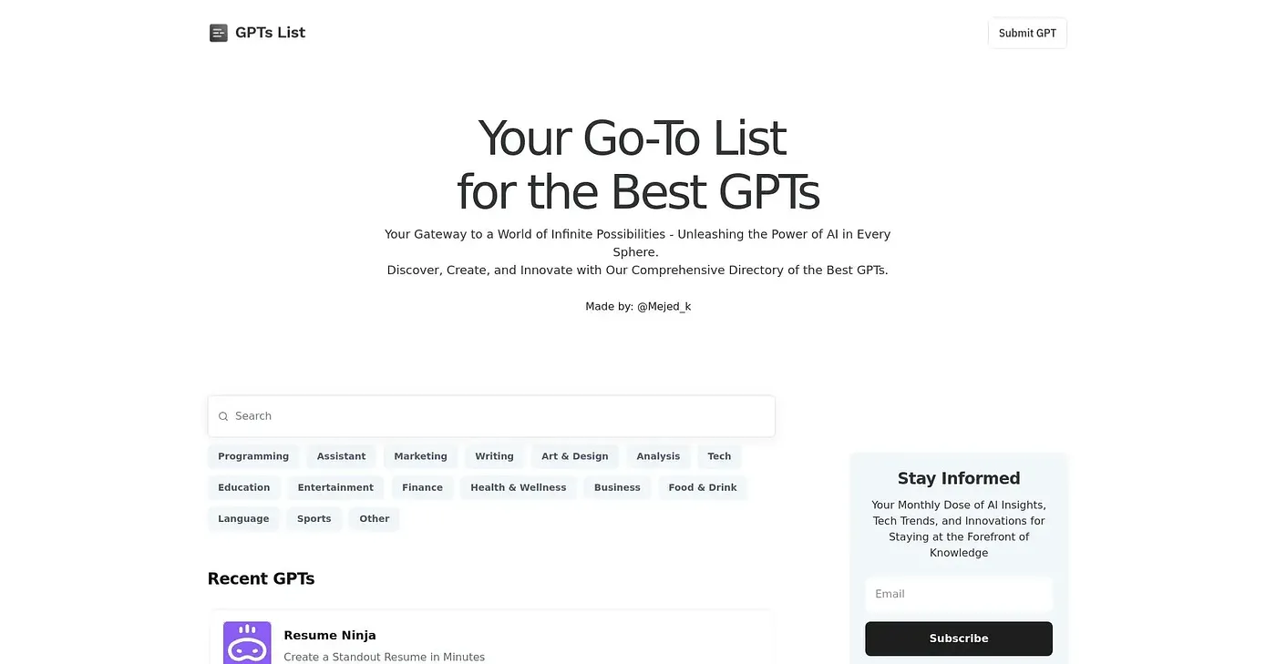 Screenshot of GPTs List