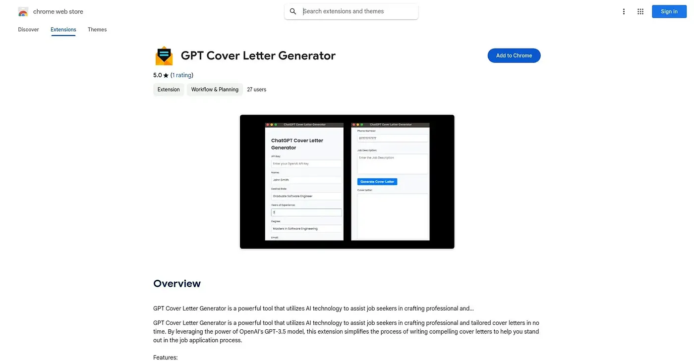 Screenshot of GPT Cover Letter Generator Chrome Extension