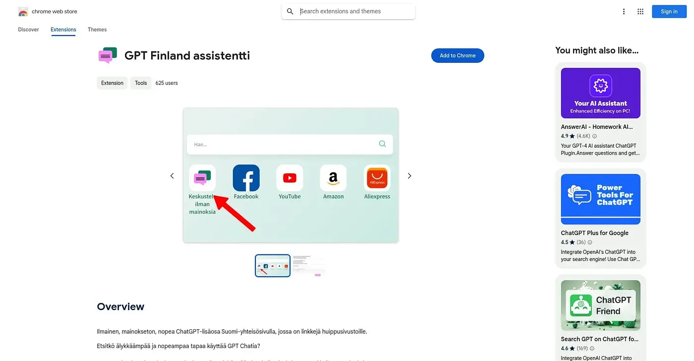 Screenshot of GPT Finland Assistentti Extension