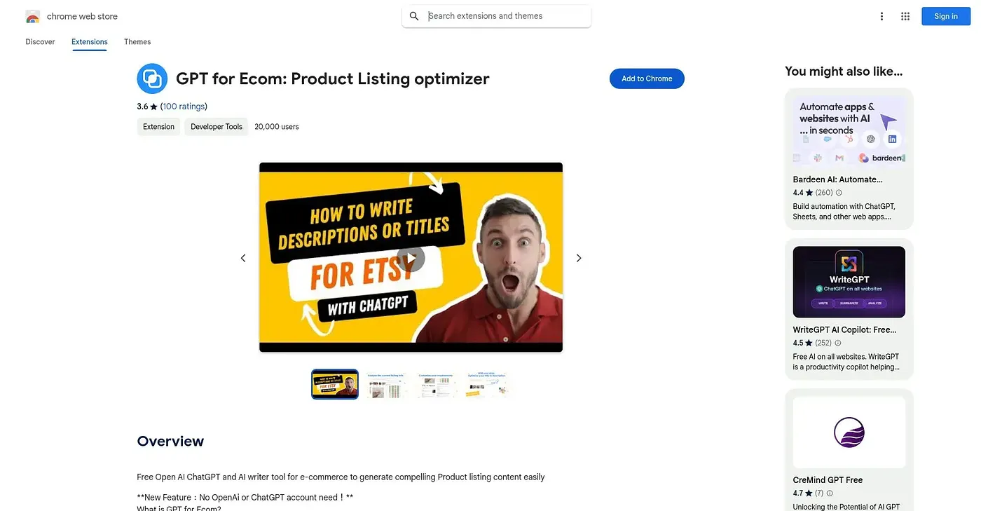 Screenshot of GPT For Ecom Product List Chrome Extension
