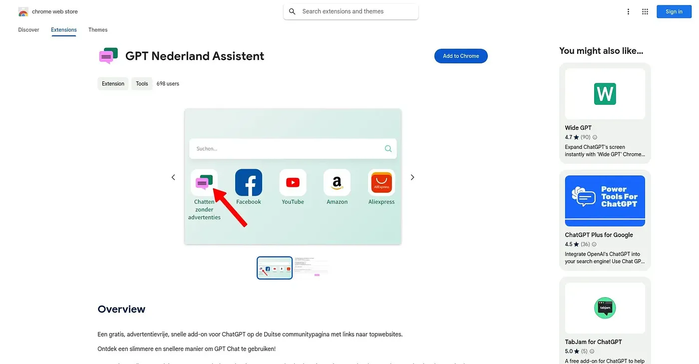 Screenshot of GPT Nederland Assistent Extension