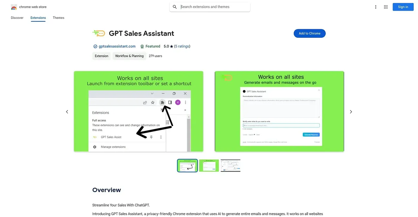 Screenshot of GPT Sales Assistant Chrome Extension