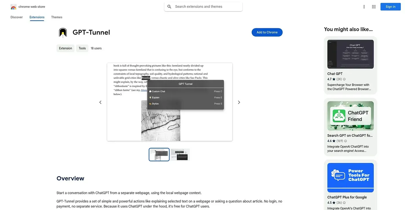 Screenshot of GPT Tunnel Chrome Extension