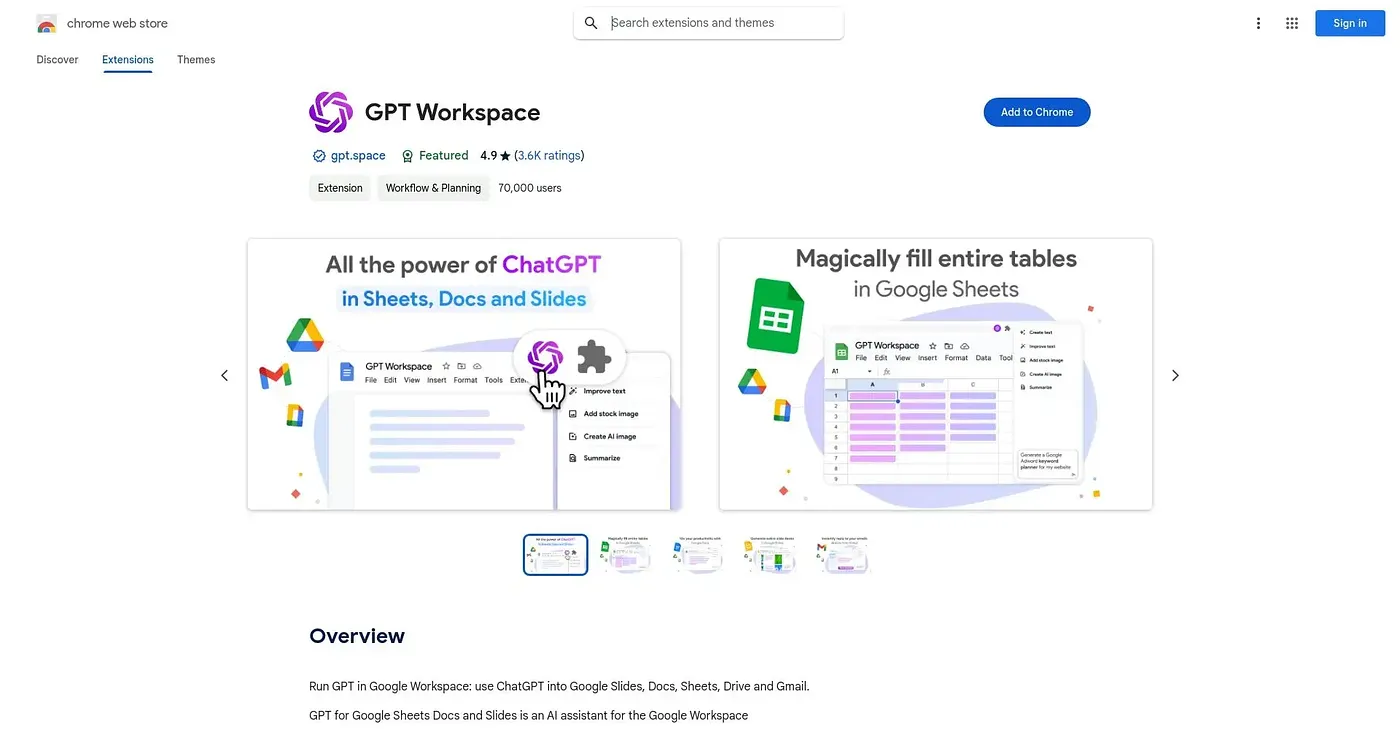 Screenshot of GPT Workspace Chrome Extension