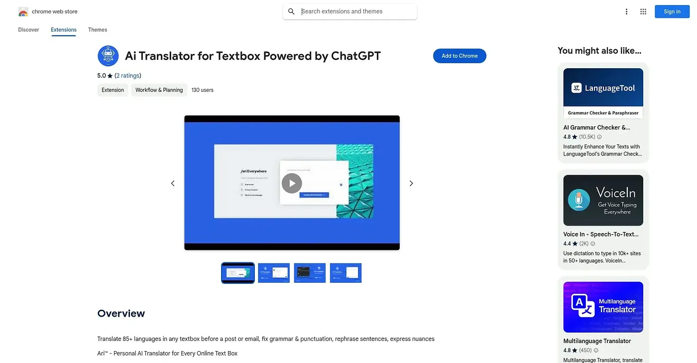 Screenshot of AI Translator For Textbox Chrome Extension