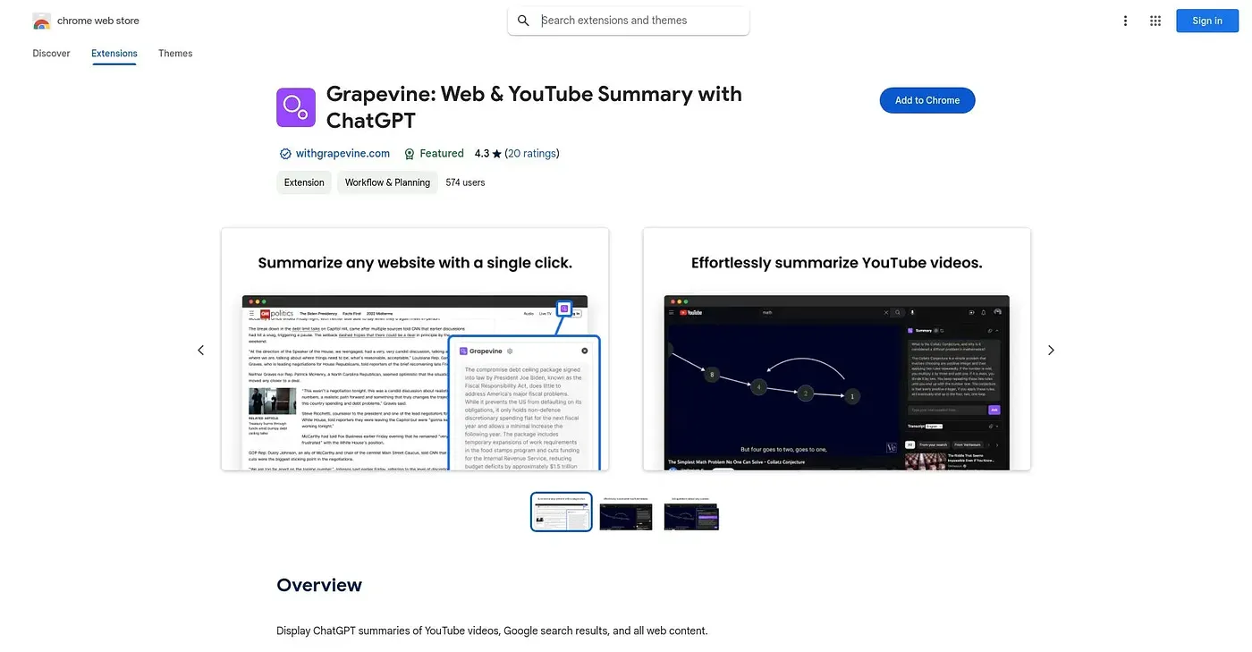 Screenshot of Grapevine Web - YouTube Sum Chrome Extension