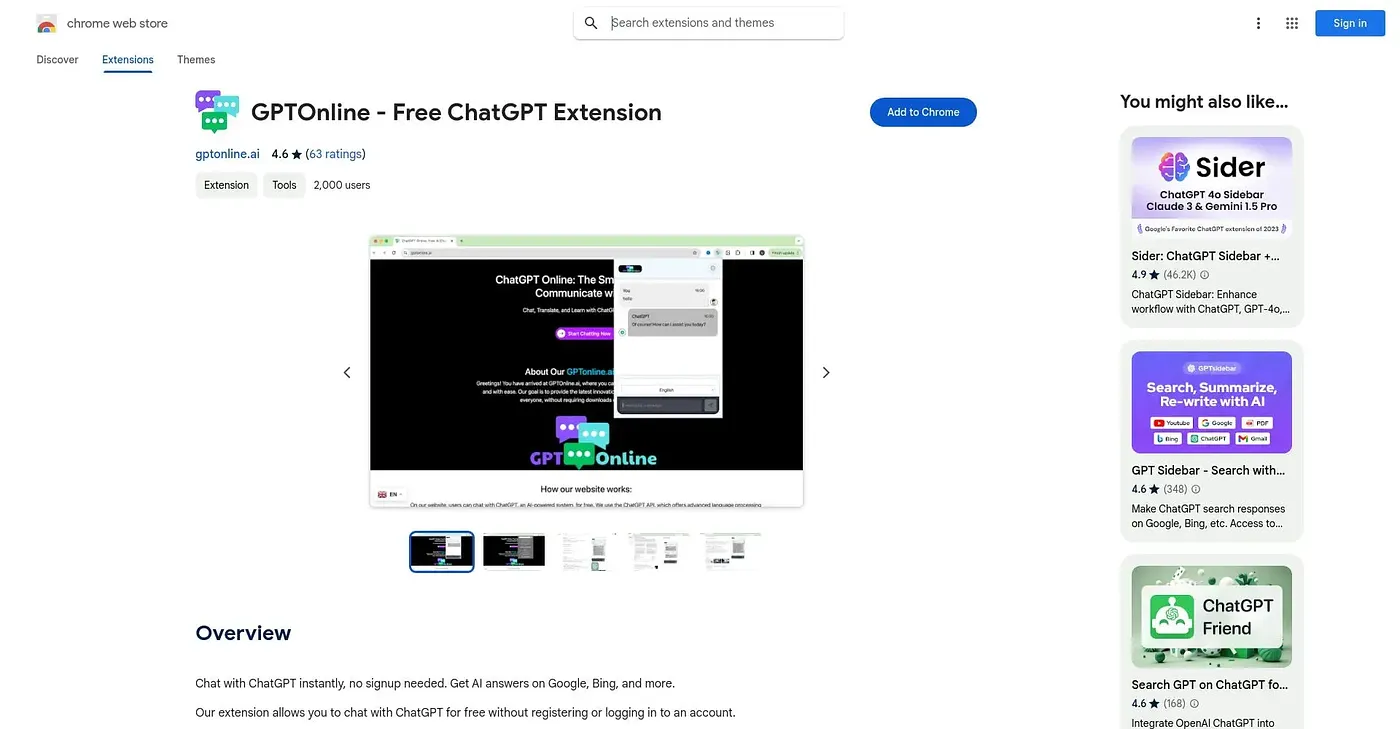 Screenshot of GptOnline Free ChatGPT Ex Chrome Extension