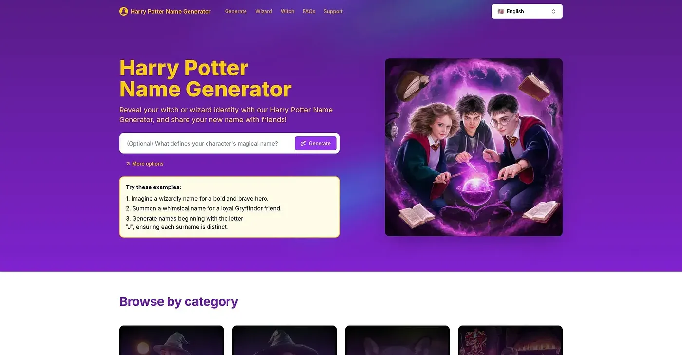 Screenshot of Harry Potter Name Generator