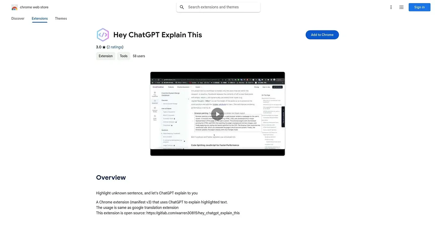 Screenshot of Hey ChatGPT Explain This Chrome Extension