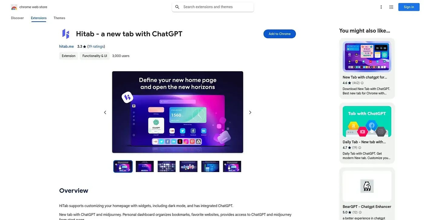 Screenshot of HiTab Chrome Extension
