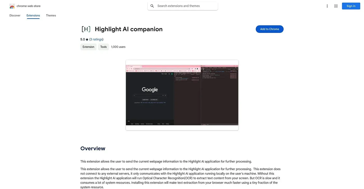 Screenshot of Highlight AI Companion Extension