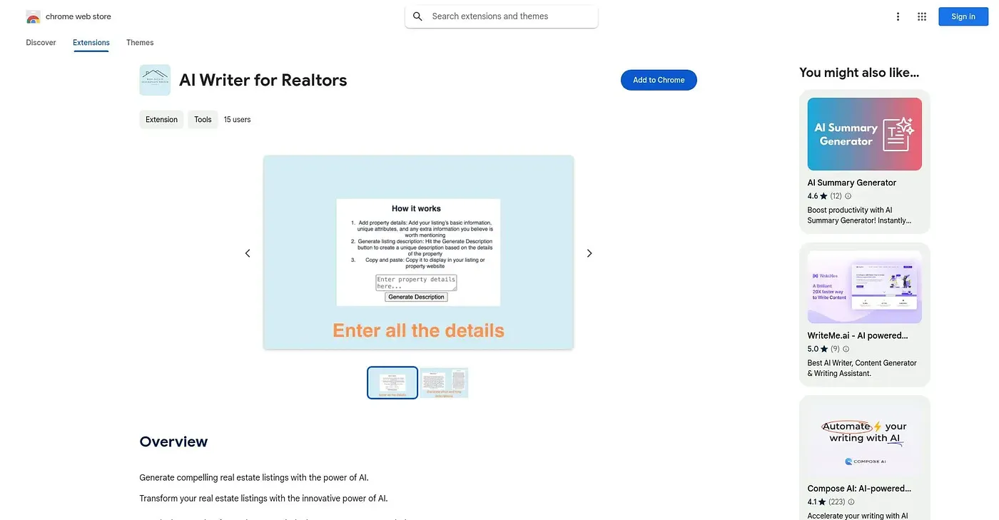 Screenshot of AI Writer for Realtors Chrome Extension