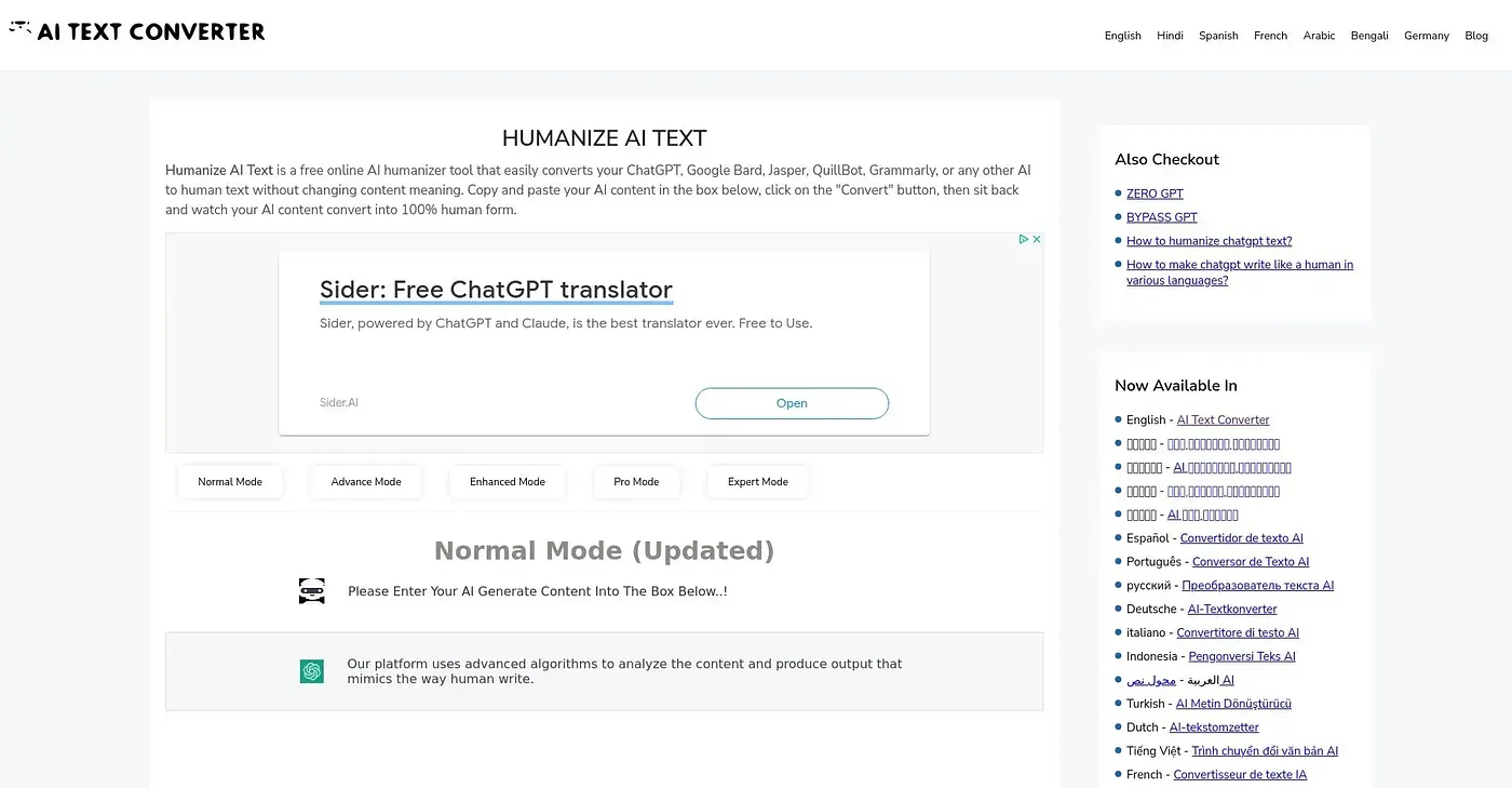 Screenshot of Humanize AI Text