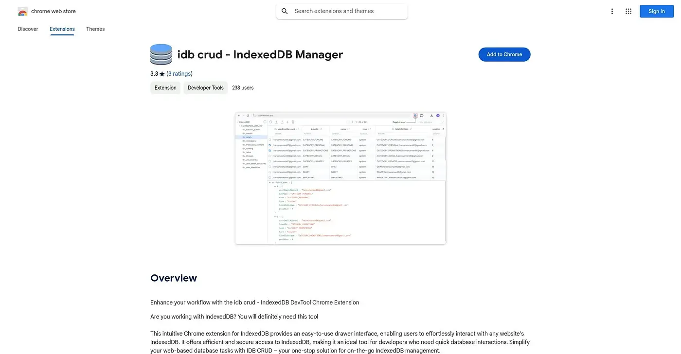 Screenshot of IDB CRUD - IndexedDB DevTool Chrome Extension