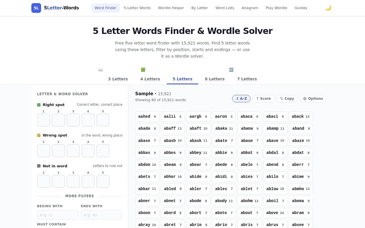 Screenshot of 5 Letter Words