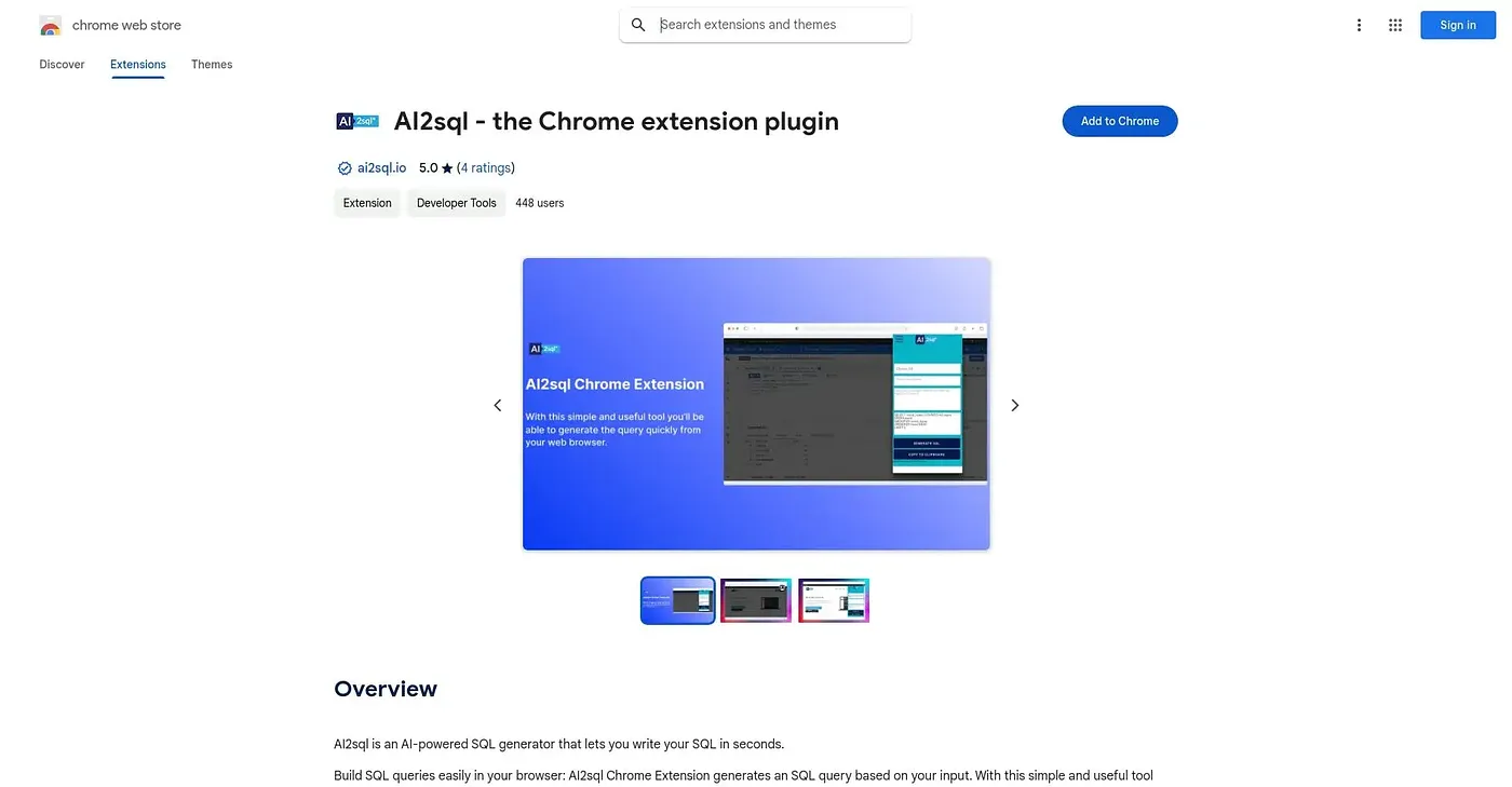 Screenshot of AI2sql Chrome Extension