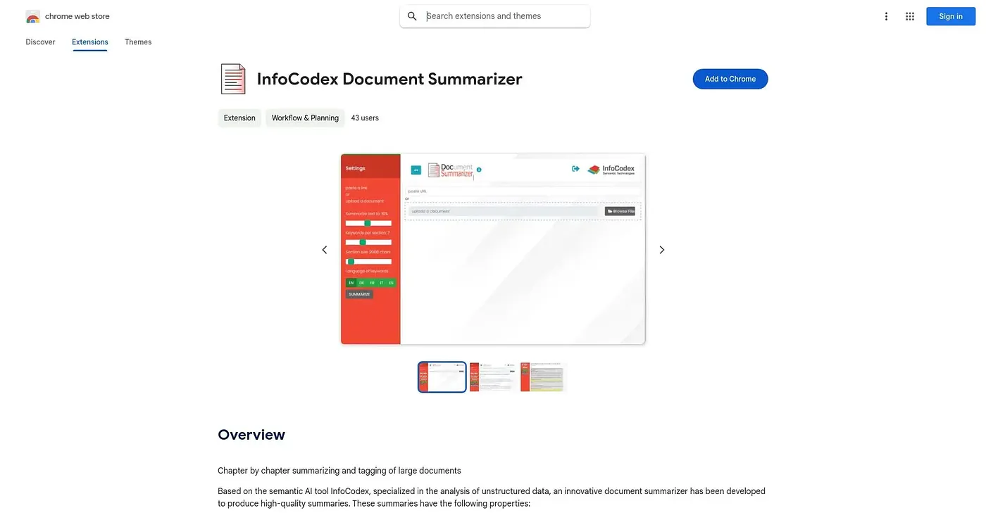 Screenshot of InfoCodex Document Summarizer Chrome Extension
