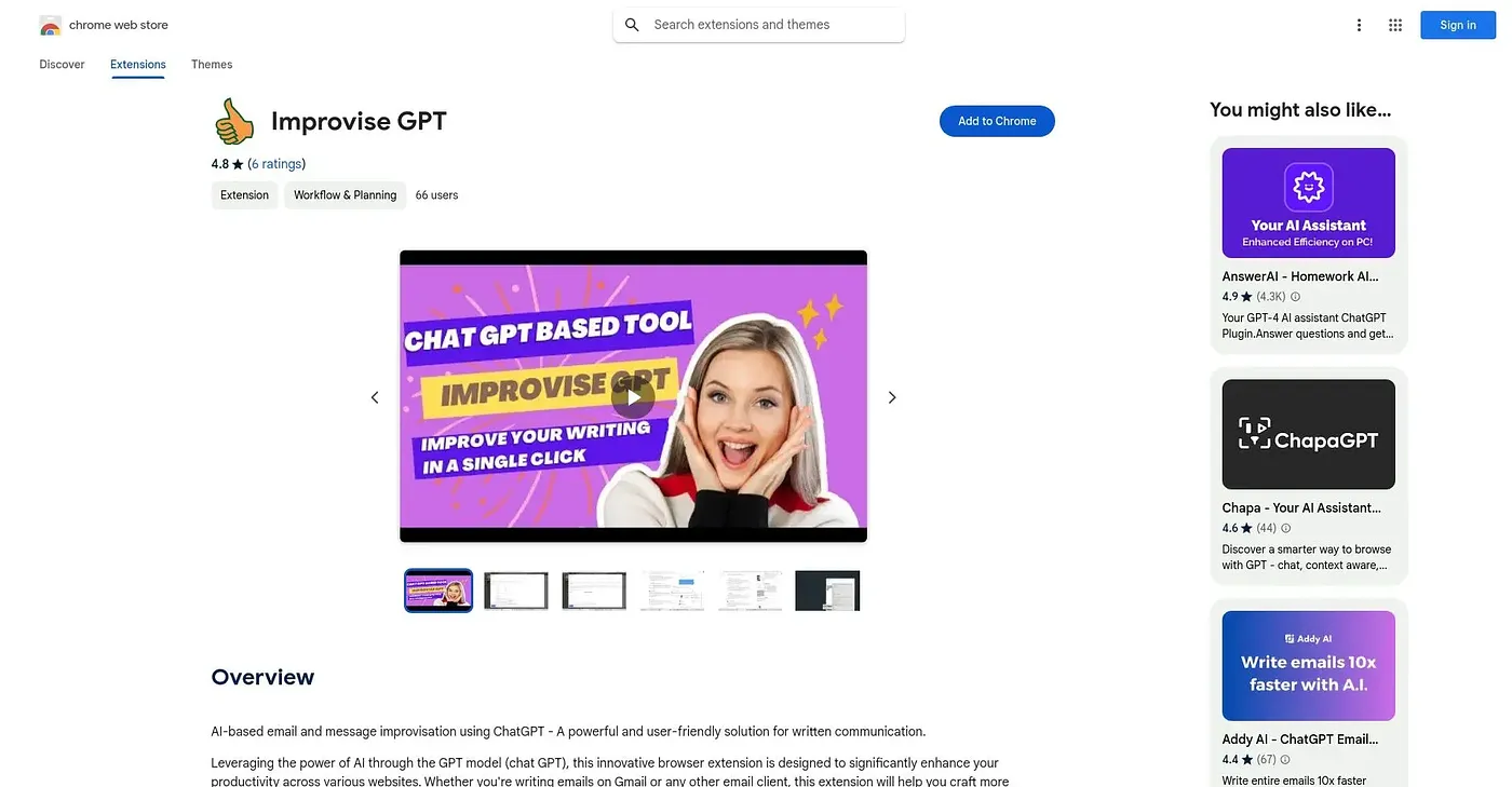 Screenshot of Improvise GPT Chrome Extension