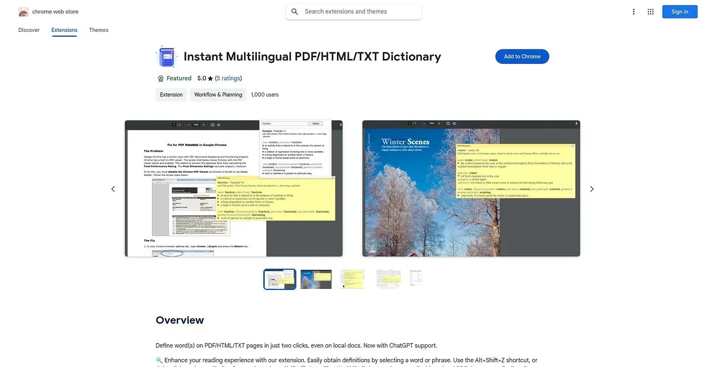 Screenshot of Instant Multilingual PDFh Chrome Extension