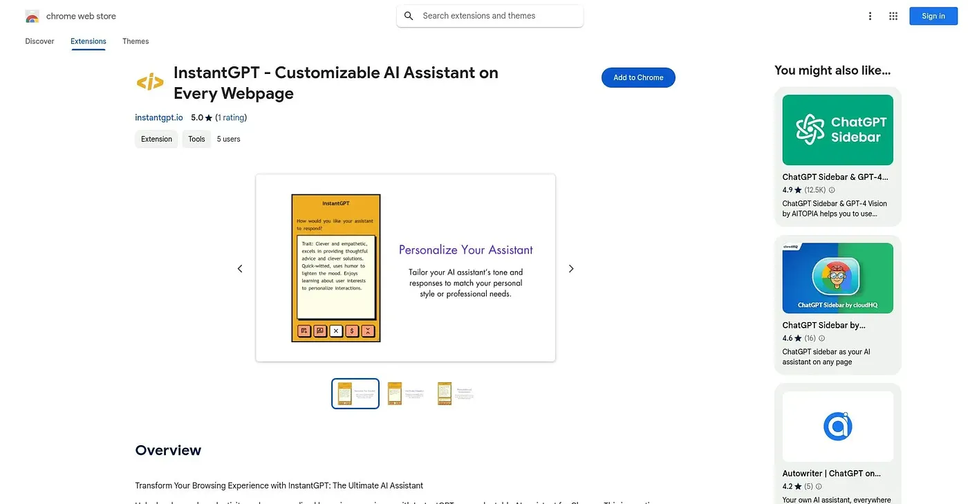 Screenshot of InstantGPT Chrome Extension
