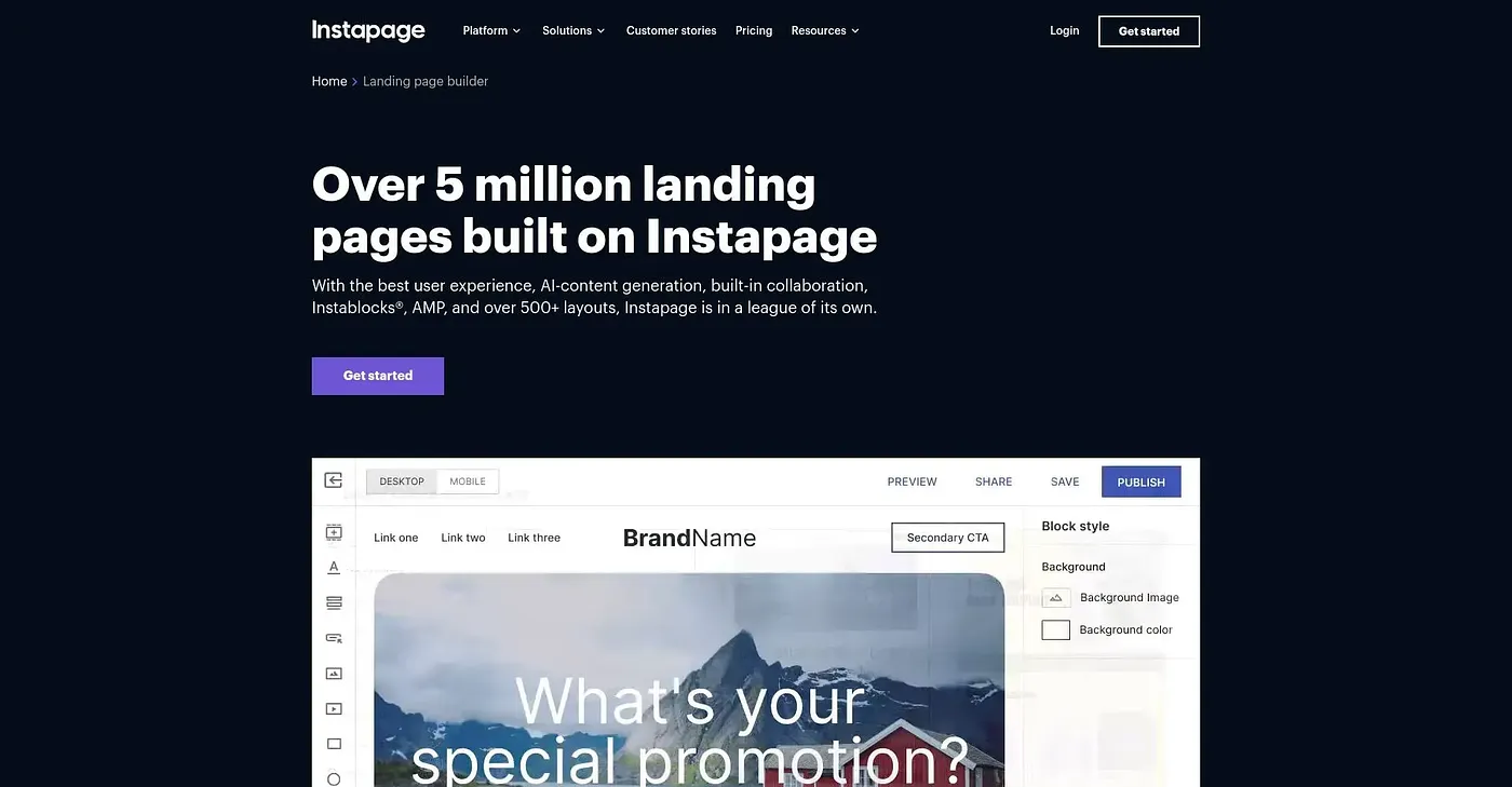 Screenshot of Instapages