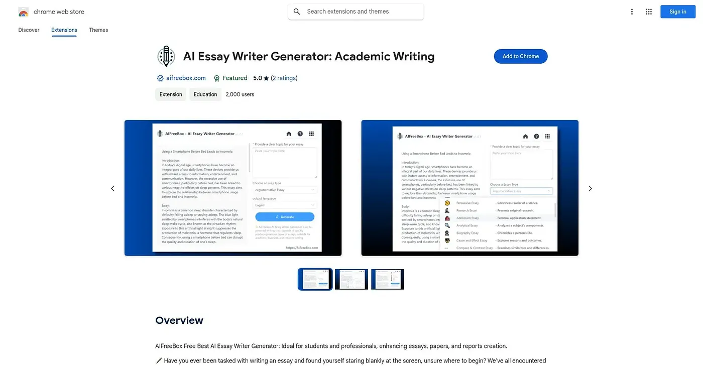 Screenshot of AIFreeBox Free Best AI Essay Writer Generator Chrome Extension