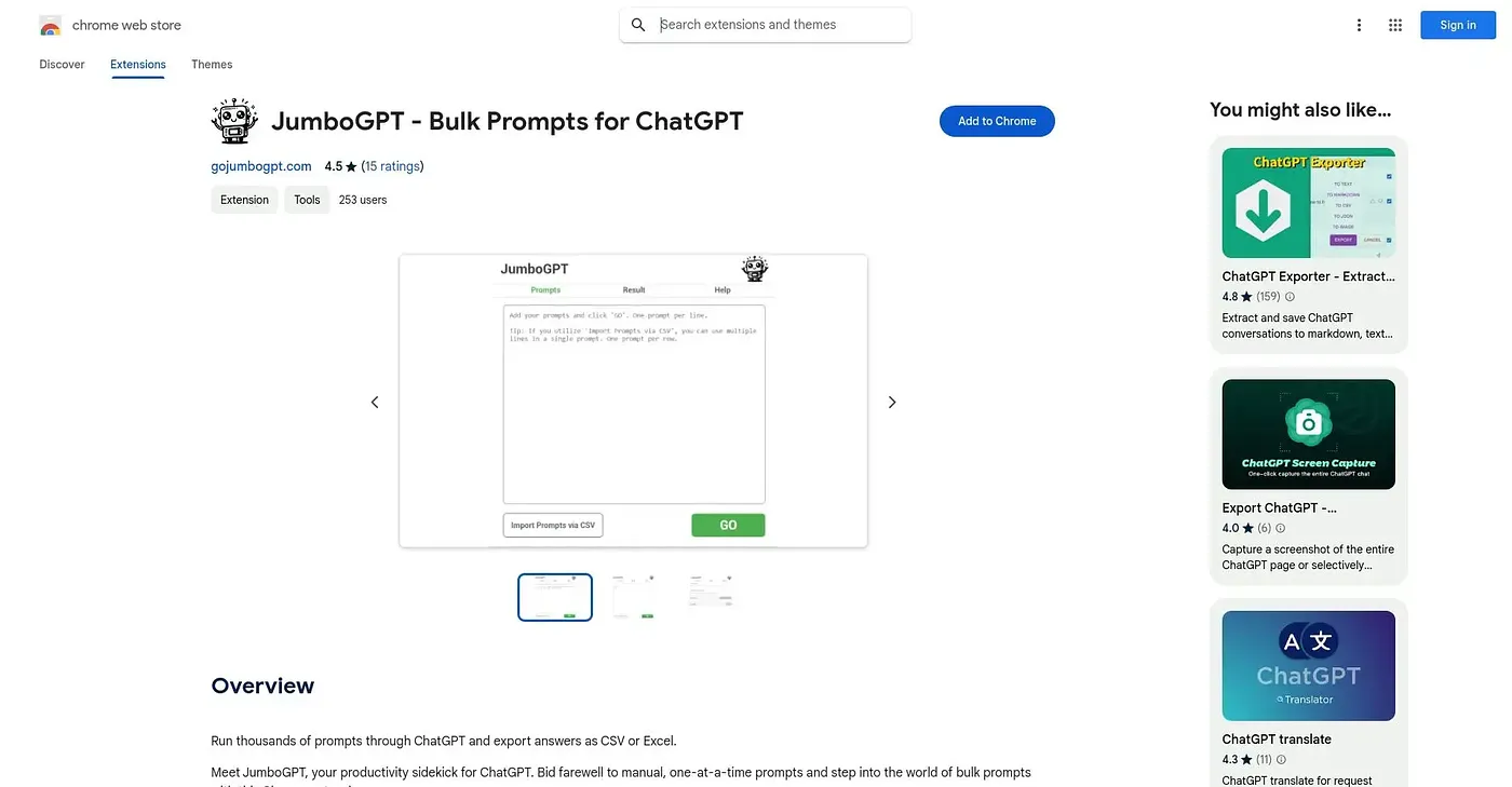 Screenshot of JumboGPT Bulk Prompts For