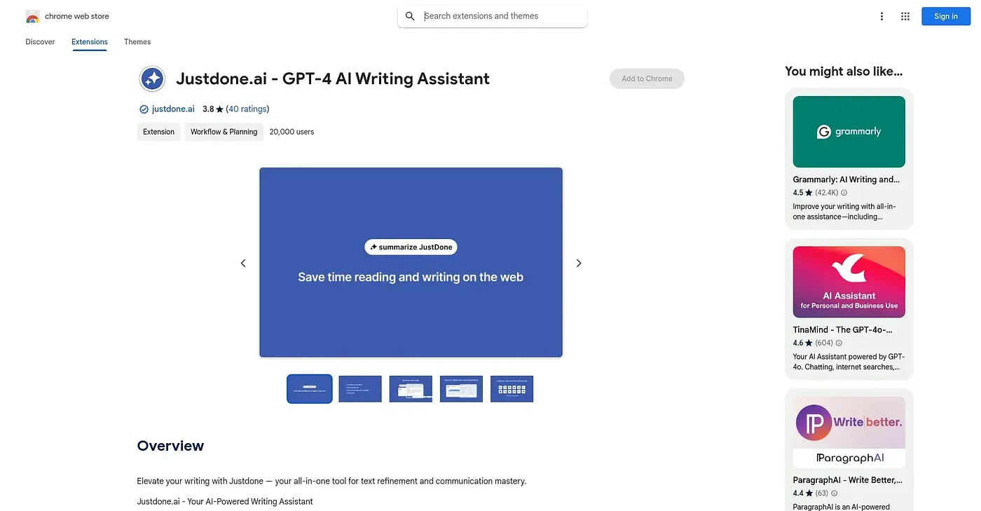 Screenshot of Justdone AI Writing Copyw Chrome Extension