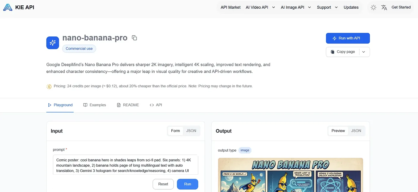Screenshot of Kie.ai – Nano Banana Pro API (Gemini 3 Pro Image)