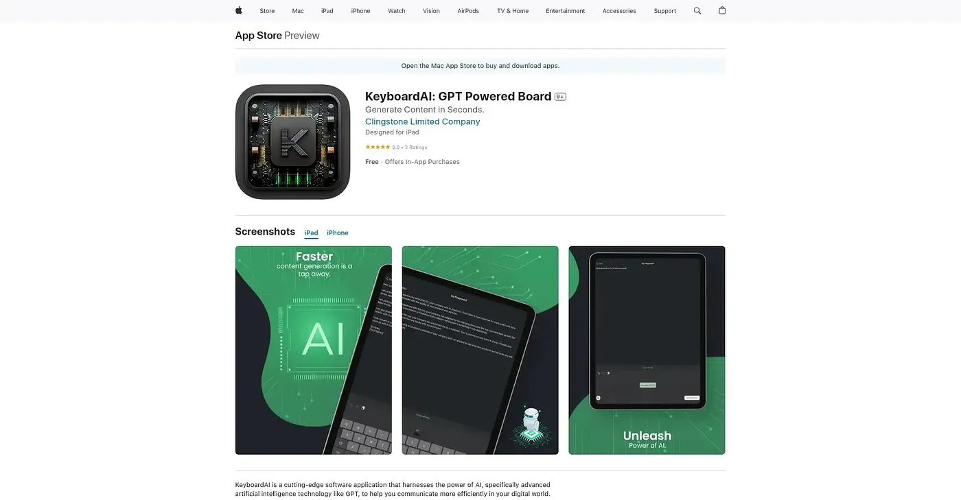 Screenshot of KeyboardAI GPT Powered Board