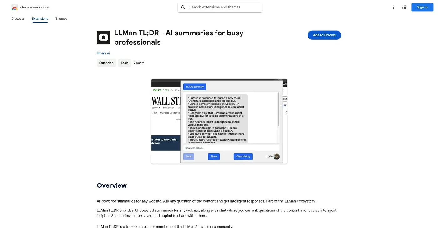 Screenshot of LLMan TLDR AI Summaries Chrome Extension