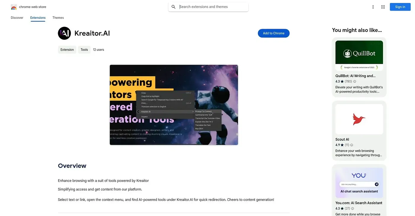 Screenshot of Kreaitor AI Chrome Extension