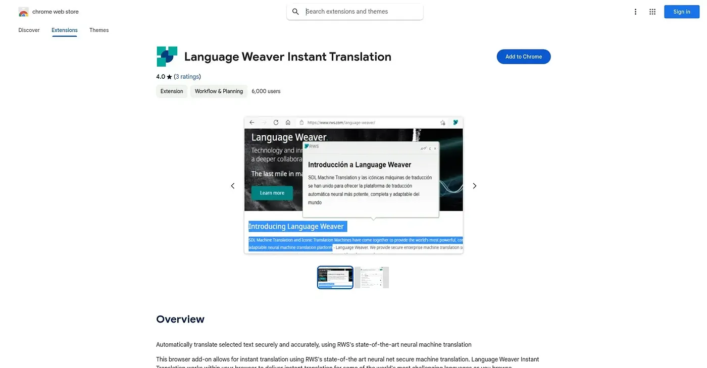 Screenshot of Language Weaver Instant T Chrome Extension