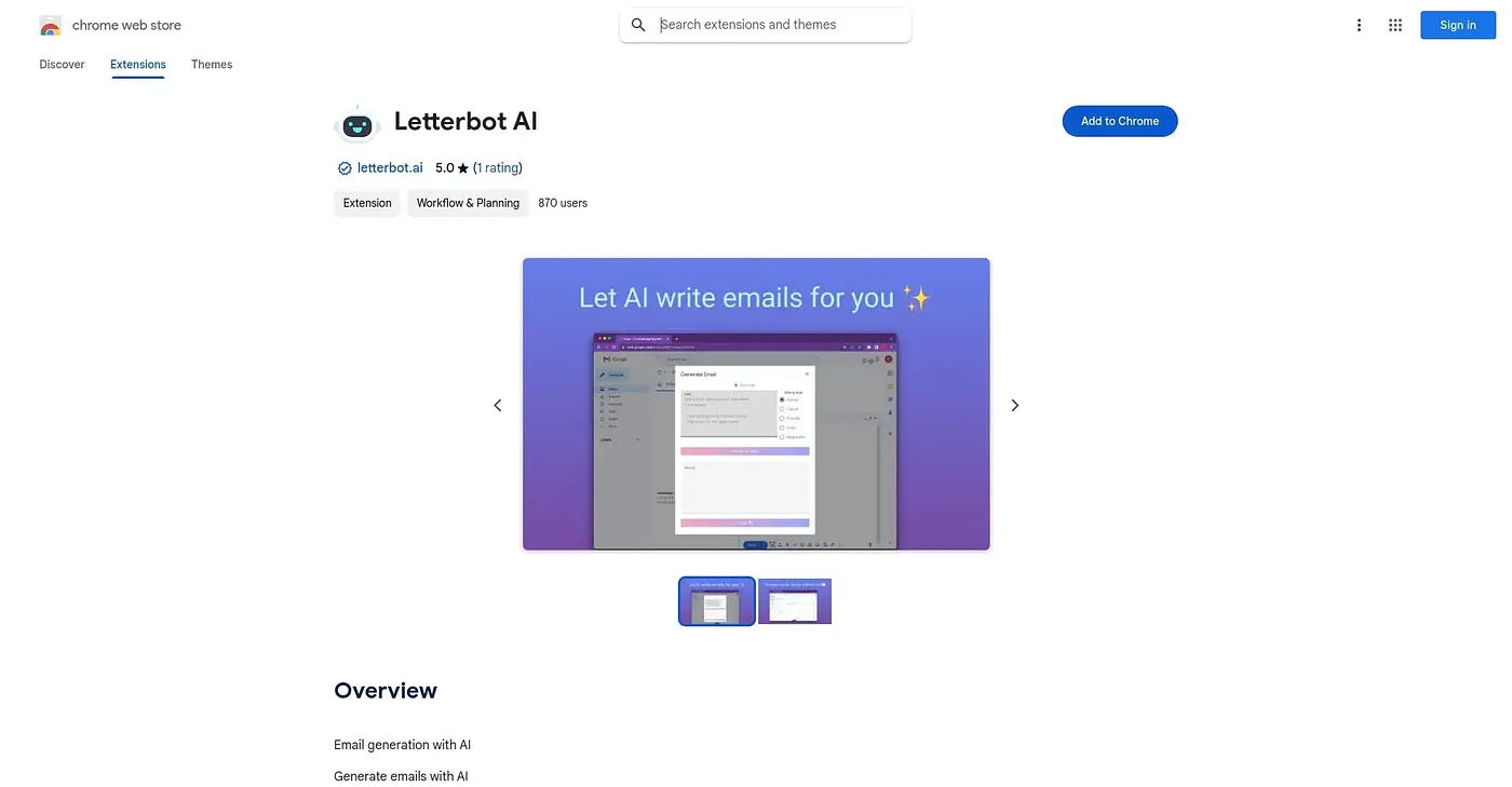 Screenshot of Letterbot AI Chrome Extension