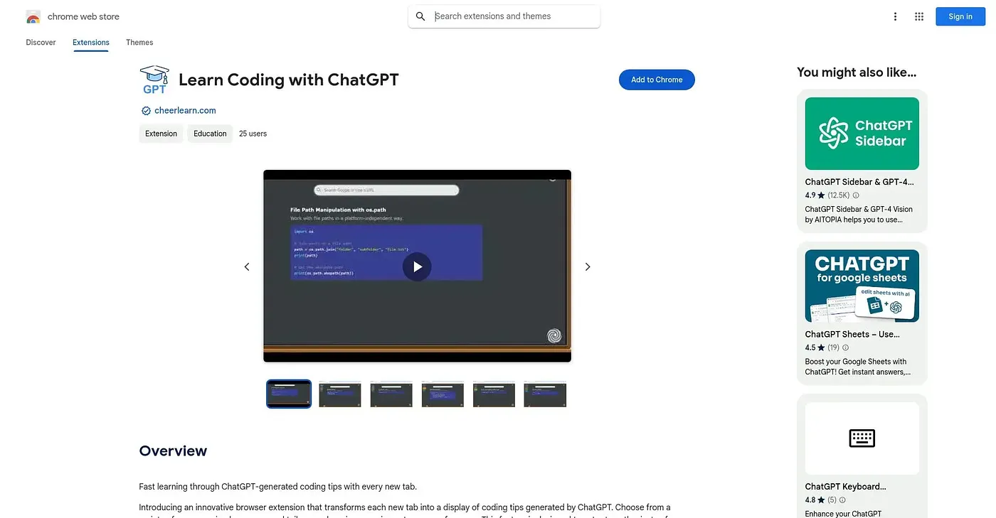 Screenshot of Learn Coding with ChatGPT - Chrome Extension